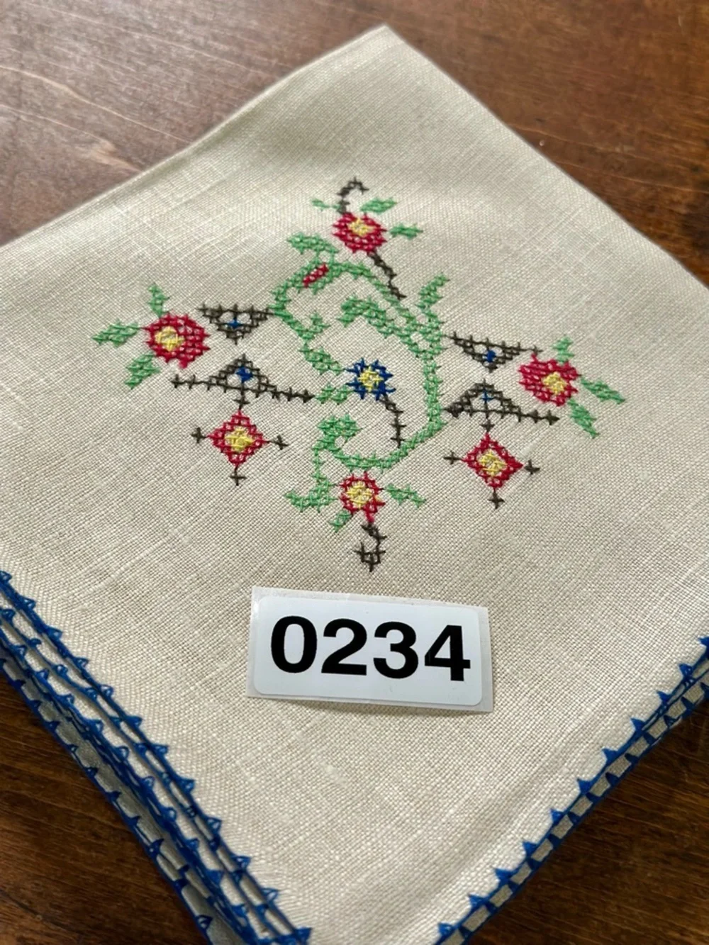 6 Vintage Hand Embroidered Floral Linen Napkins with Blue Trim